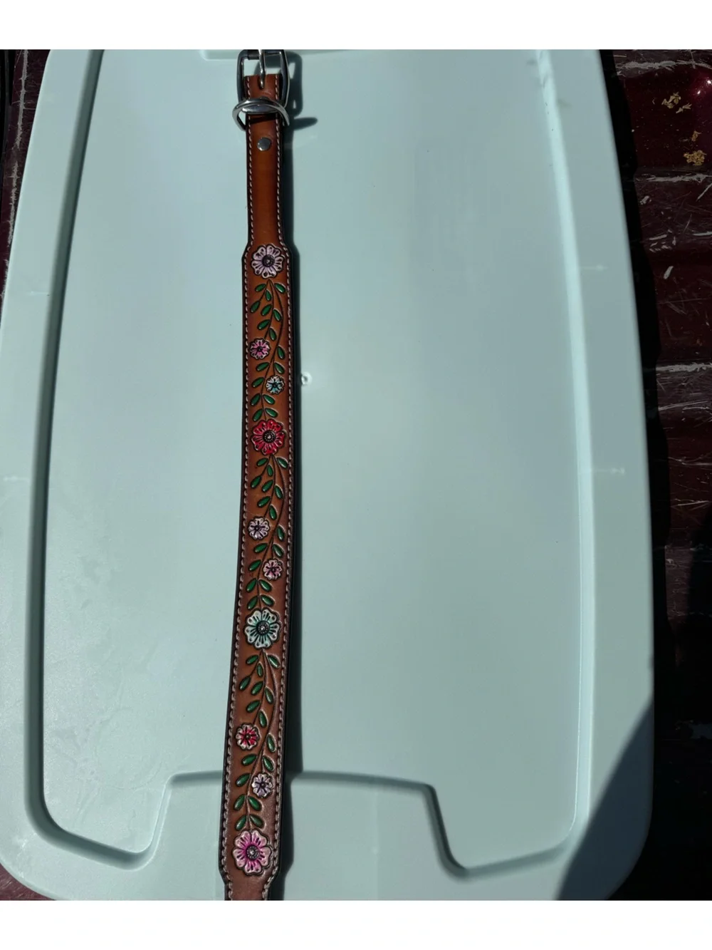 🔱Weavers Hand Panted Floral Detailed Tooled Leather Buckle Dog Collar